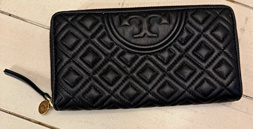 Tory Burch Black Quilted Zip-Around Wallet with Logo & Credit Card Slots